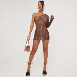 EGO One Sleeve Body Illusion Print Mini Bodycon Dress In Brown Mesh
