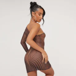 EGO One Sleeve Body Illusion Print Mini Bodycon Dress In Brown Mesh -The Perla Dress Sales Store 14 03 23 ming68010 sq scaled
