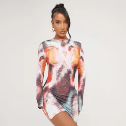 EGO Long Sleeve Body Heat Print Mini Bodycon Dress In Multi Slinky