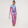 EGO Long Sleeve Body Print Maxi Dress In Pink Multi