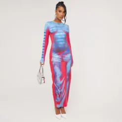 EGO Long Sleeve Body Print Maxi Dress In Pink Multi