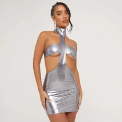 EGO High Neck Cut Out Detail Mini Bodycon Dress In Silver Metallic