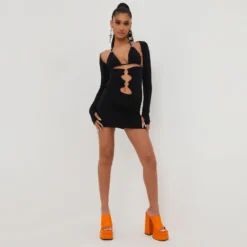 EGO Cut Out Ring Detail Long Sleeves Mini Bodycon Dress In Black Slinky