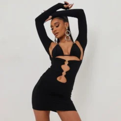 EGO Cut Out Ring Detail Long Sleeves Mini Bodycon Dress In Black Slinky -The Perla Dress Sales Store 14 06 2211196 copy