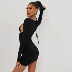 EGO Cut Out Ring Detail Long Sleeves Mini Bodycon Dress In Black Slinky -The Perla Dress Sales Store 14 06 2211206 copy