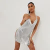 EGO Split Side Halter Neck Mini Slip Dress In Silver Chain Mail -The Perla Dress Sales Store 14 06 2212633 copy