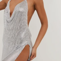 EGO Split Side Halter Neck Mini Slip Dress In Silver Chain Mail -The Perla Dress Sales Store 14 06 2212672copy