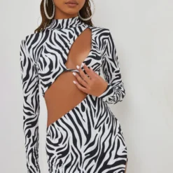 EGO High Neck Long Sleeve Cut Out Detail Front Split Mini Bodycon Dress In Zebra Print -The Perla Dress Sales Store 14 07 225577 scaled