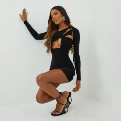EGO Long Sleeve Twisted Cut Out Detail Mini Bodycon Dress In Black Slinky