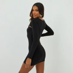 EGO Long Sleeve Twisted Cut Out Detail Mini Bodycon Dress In Black Slinky -The Perla Dress Sales Store 15 09 22 noara 18298 copy scaled