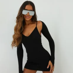 EGO V Neck Sleeve Detail Mini Bodycon Dress In Black Ribbed 9 EGO V Neck Sleeve Detail Mini Bodycon Dress In Black Ribbed -The Perla Dress Sales Store 15 09 22 noara 18504 copy scaled