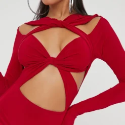 EGO Long Sleeve Cut Out Knotted Detail Mini Bodycon Dress In Red Slinky -The Perla Dress Sales Store 15 11 22 july25043 copy 2 scaled