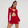 EGO Long Sleeve Cut Out Knotted Detail Mini Bodycon Dress In Red Slinky