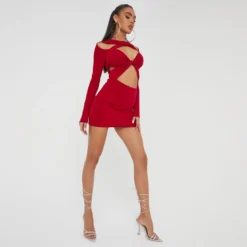 EGO Long Sleeve Cut Out Knotted Detail Mini Bodycon Dress In Red Slinky -The Perla Dress Sales Store 15 11 22 july25047 copy 2 scaled