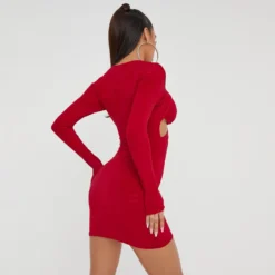 EGO Long Sleeve Cut Out Knotted Detail Mini Bodycon Dress In Red Slinky -The Perla Dress Sales Store 15 11 22 july25052 copy 2 scaled