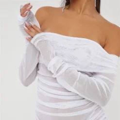 EGO Bardot Long Sleeve Ruched Detail Mini Bodycon Dress In White Mesh -The Perla Dress Sales Store 15 11 22 july25218 sq scaled