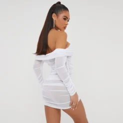 EGO Bardot Long Sleeve Ruched Detail Mini Bodycon Dress In White Mesh -The Perla Dress Sales Store 15 11 22 july25221 sq scaled