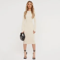 EGO Long Sleeve Seam Detail Midi Bodycon Dress In Cream Ribbed