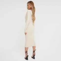 EGO Long Sleeve Seam Detail Midi Bodycon Dress In Cream Ribbed -The Perla Dress Sales Store 15 12 2236802 copy scaled