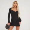 EGO Long Sleeve Sweetheart Neckline Ruched Detail Mini Bodycon Dress In Black Slinky
