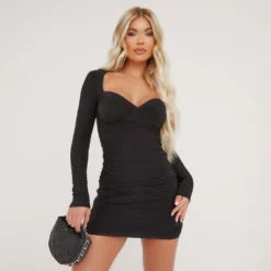 EGO Long Sleeve Sweetheart Neckline Ruched Detail Mini Bodycon Dress In Black Slinky