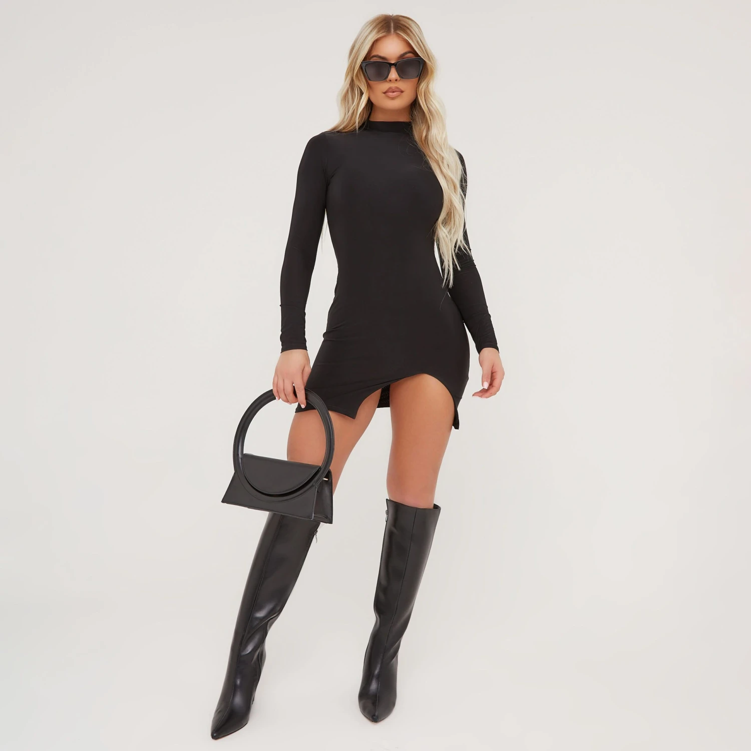 EGO High Neck Long Sleeve Split Front Mini Bodycon Dress In Black 3 EGO High Neck Long Sleeve Split Front Mini Bodycon Dress In Black