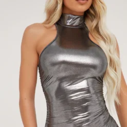 EGO High Neck Ruched Detail Racer Mini Bodycon Dress In Silver Metallic -The Perla Dress Sales Store 16 02 23 emily59486 s scaled
