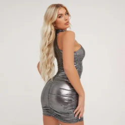 EGO High Neck Ruched Detail Racer Mini Bodycon Dress In Silver Metallic -The Perla Dress Sales Store 16 02 23 emily59489 s scaled