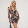 EGO Long Sleeve Halterneck Open Back Strappy Detail Mini Bodycon Dress In Stone Acid Print Mesh