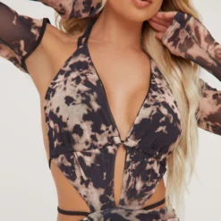 EGO Long Sleeve Halterneck Open Back Strappy Detail Mini Bodycon Dress In Stone Acid Print Mesh -The Perla Dress Sales Store 16 02 23 emily59628 s scaled