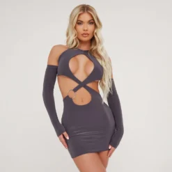 EGO Halterneck Cut Out Ring Detail Open Back Mini Bodycon Dress With Sleeves In Charcoal Slinky