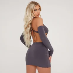 EGO Halterneck Cut Out Ring Detail Open Back Mini Bodycon Dress With Sleeves In Charcoal Slinky -The Perla Dress Sales Store 16 02 23 emily59697 s scaled