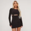 EGO Long Sleeve Cut Out Underbust Detail Mini Bodycon Dress In Black Slinky