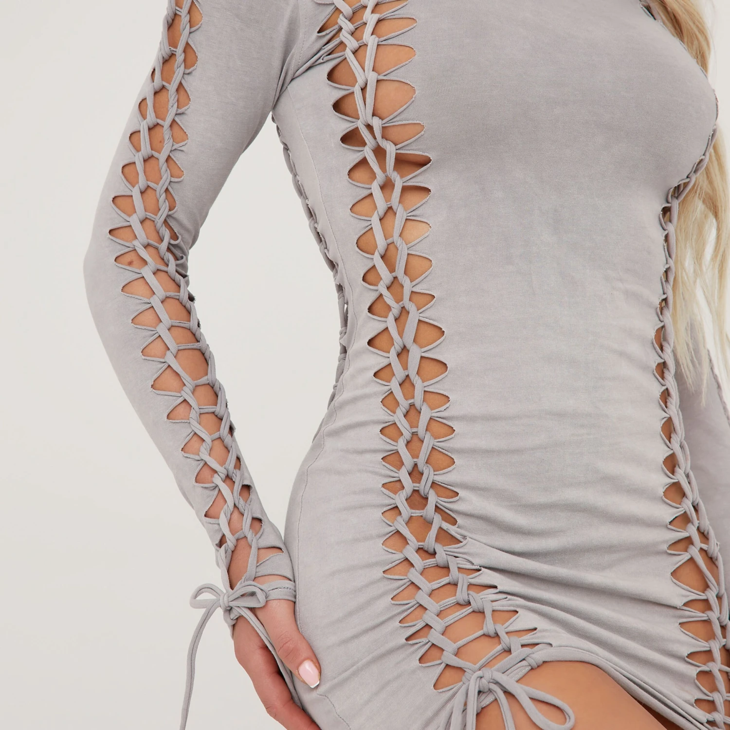 EGO Long Sleeve High Neck Extreme Ladder Detail Mini Bodycon Dress In Grey Acid Wash 4 EGO Long Sleeve High Neck Extreme Ladder Detail Mini Bodycon Dress In Grey Acid Wash - Image 2
