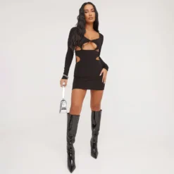 EGO Long Sleeve Front Cut Out Detail Mini Bodycon Dress In Black Slinky -The Perla Dress Sales Store 16 03 23 ming68946 s scaled