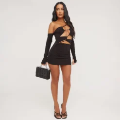 EGO One Shoulder Strappy Cut Out Detail Mini Bodycon Dress With Sleeve In Black Slinky -The Perla Dress Sales Store 16 03 23 ming69348 s scaled