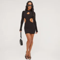 EGO High Neck Long Sleeve Keyhole Open Back Detail Mini Bodycon Dress In Black Slinky -The Perla Dress Sales Store 16 03 23 ming69369 s scaled