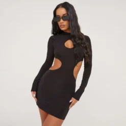 EGO High Neck Long Sleeve Keyhole Open Back Detail Mini Bodycon Dress In Black Slinky