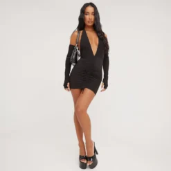 EGO Halterneck Ruched Front Mini Bodycon Dress With Sleeves In Black Slinky -The Perla Dress Sales Store 16 03 23 ming69530 s scaled