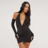 EGO Halterneck Ruched Front Mini Bodycon Dress With Sleeves In Black Slinky -The Perla Dress Sales Store 16 03 23 ming69543 s scaled