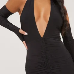 EGO Halterneck Ruched Front Mini Bodycon Dress With Sleeves In Black Slinky -The Perla Dress Sales Store 16 03 23 ming69544 s scaled