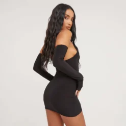 EGO Halterneck Ruched Front Mini Bodycon Dress With Sleeves In Black Slinky -The Perla Dress Sales Store 16 03 23 ming69551 s scaled