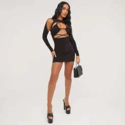 EGO Cold Shoulder Strappy Detail Double Layer Mini Bodycon Dress In Black Slinky -The Perla Dress Sales Store 16 03 23 ming69559 s scaled
