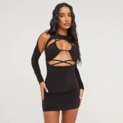 EGO Cold Shoulder Strappy Detail Double Layer Mini Bodycon Dress In Black Slinky