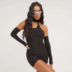 EGO Choker Detail Mini Bodycon Dress With Sleeves In Black Slinky