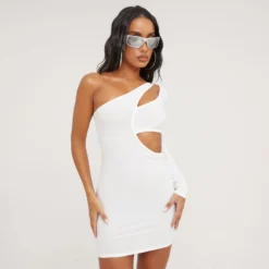 EGO One Sleeve Cut Out Detail Mini Bodycon Dress In Cream Crepe