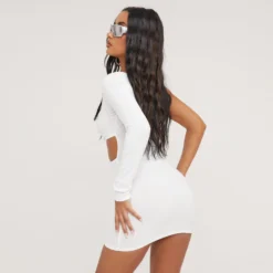 EGO One Sleeve Cut Out Detail Mini Bodycon Dress In Cream Crepe -The Perla Dress Sales Store 16 03 23 ming69837 s scaled