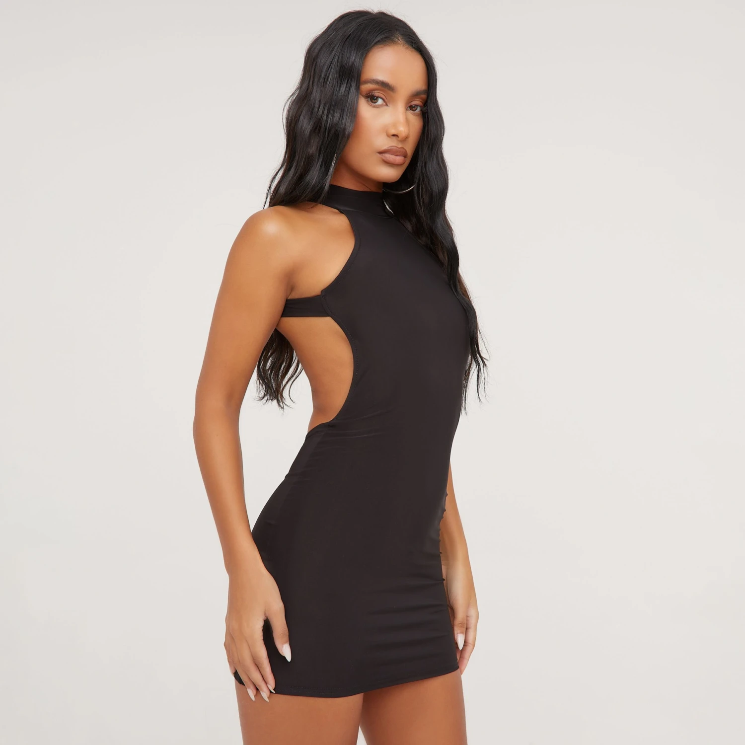 EGO High Neck Backless Detail Mini Bodycon Dress In Black Slinky 6 EGO High Neck Backless Detail Mini Bodycon Dress In Black Slinky - Image 4