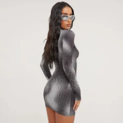EGO Long Sleeve High Neck Mono Print Mini Bodycon Dress In Multi Slinky -The Perla Dress Sales Store 16 03 23 ming70262 s scaled