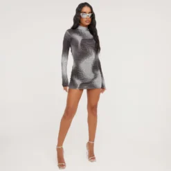EGO Long Sleeve High Neck Mono Print Mini Bodycon Dress In Multi Slinky -The Perla Dress Sales Store 16 03 23 ming70268 s scaled